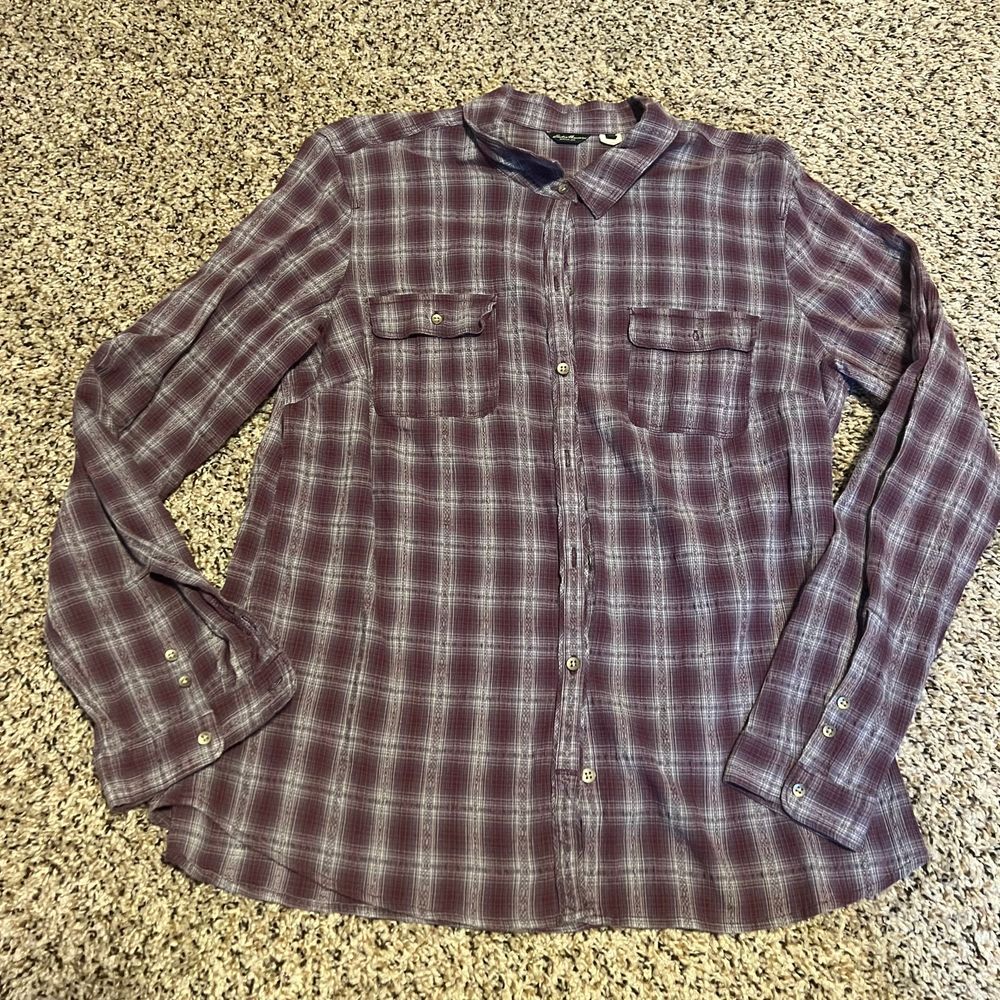 Eddie Bauer Plaid Button-Down Shirt Burgundy Casual Long Sleeve Size L